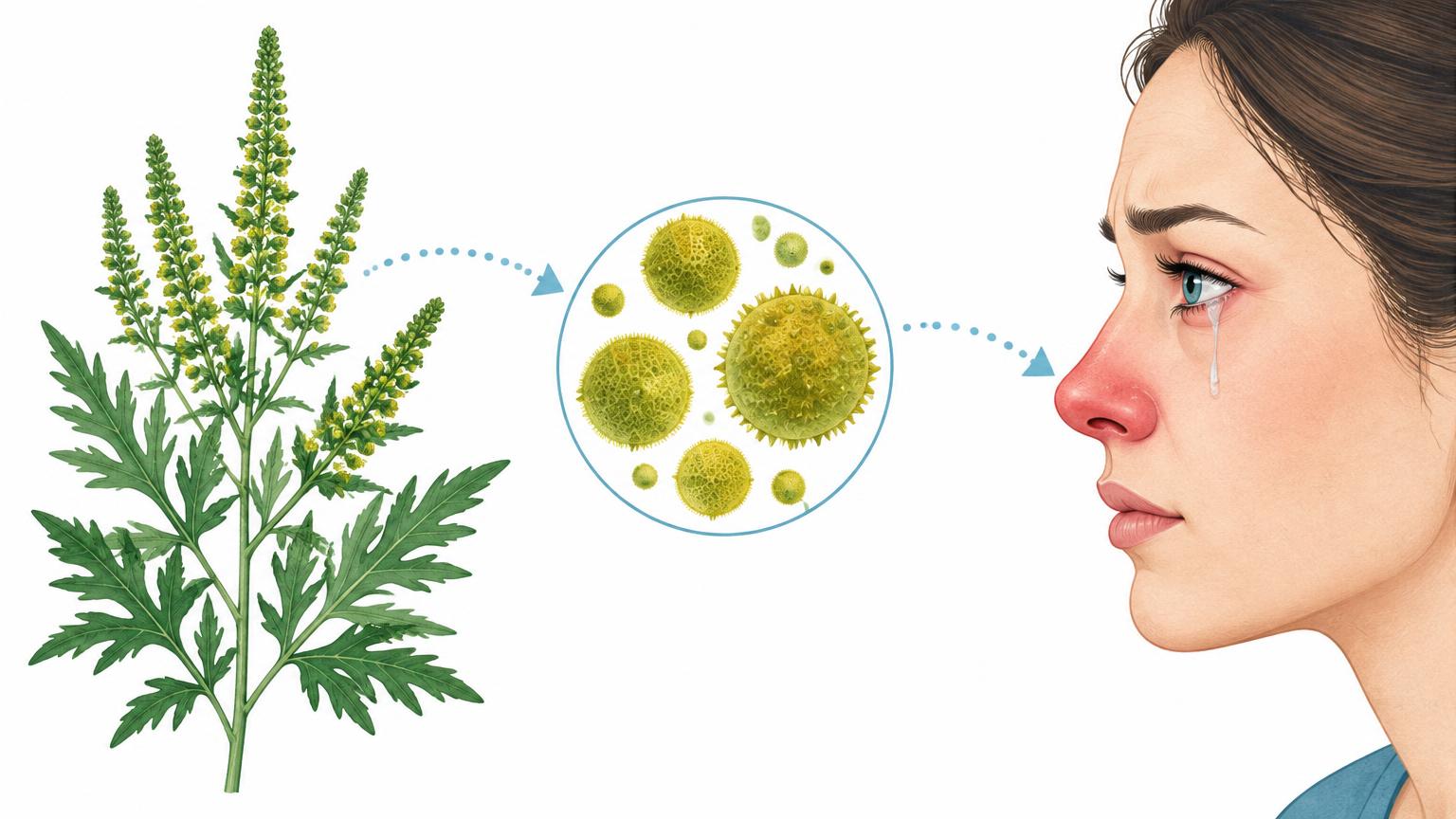 Ambrosiapflanze, vergrößerte Pollen und typische Beschwerden an Nase und Augen