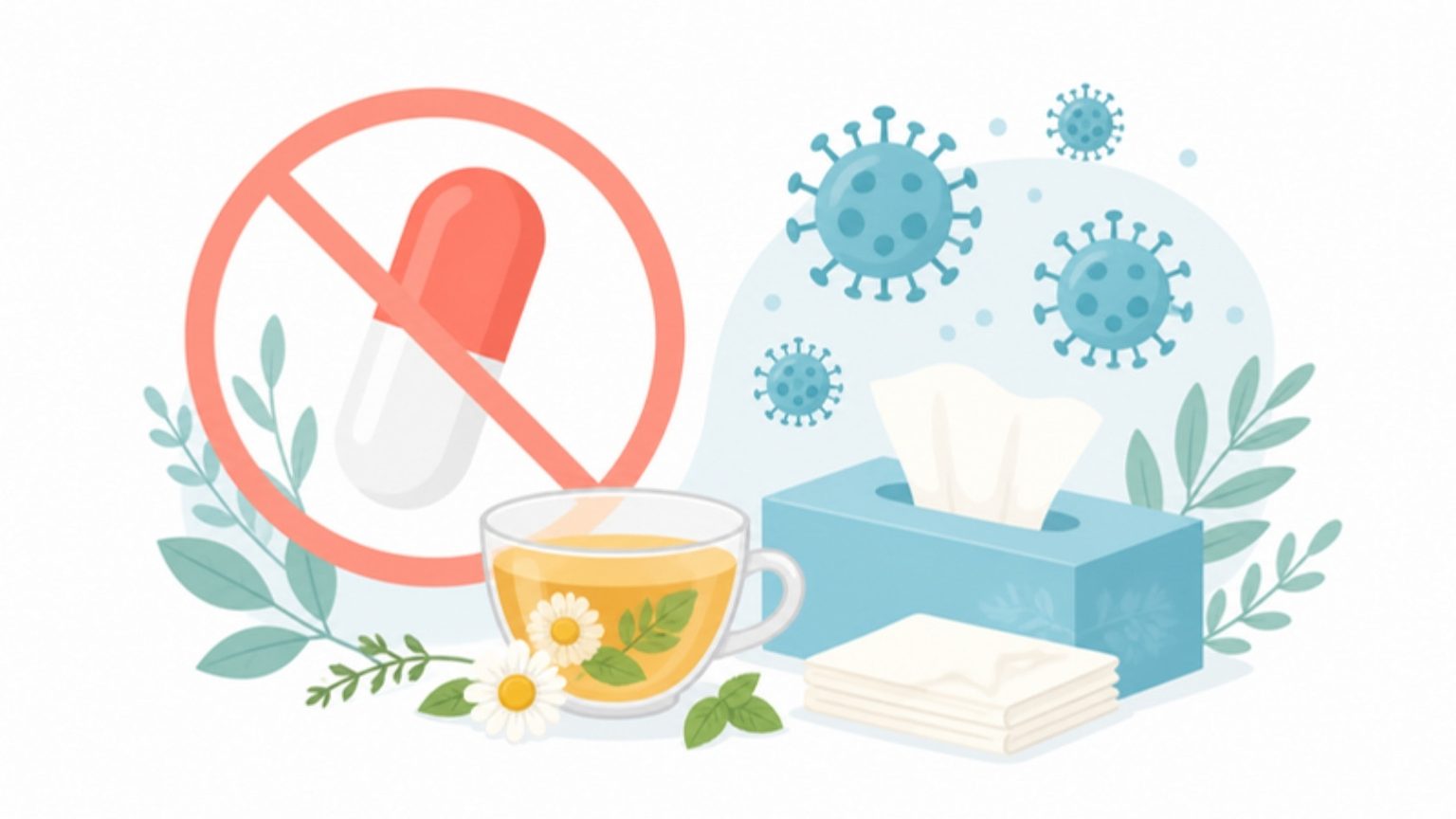 Durchgestrichene Antibiotikakapsel neben Viren, Kräutertee und Taschentücher