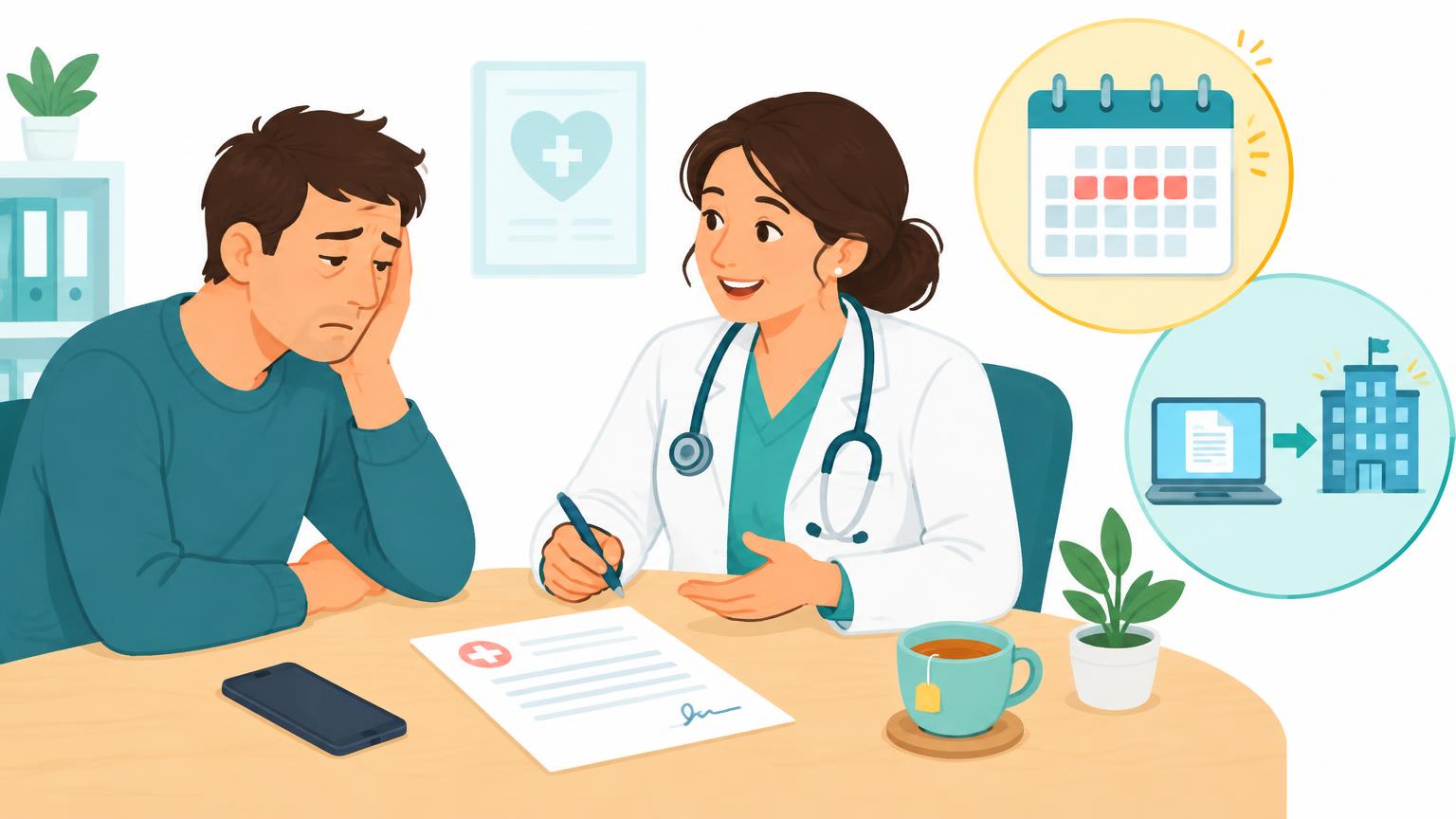 Eine Ärztin bespricht mit einem erkrankten Patienten die Krankschreibung, ergänzt durch kreisförmige Detailansichten eines Kalenders und einer geschützten digitalen Übermittlung.