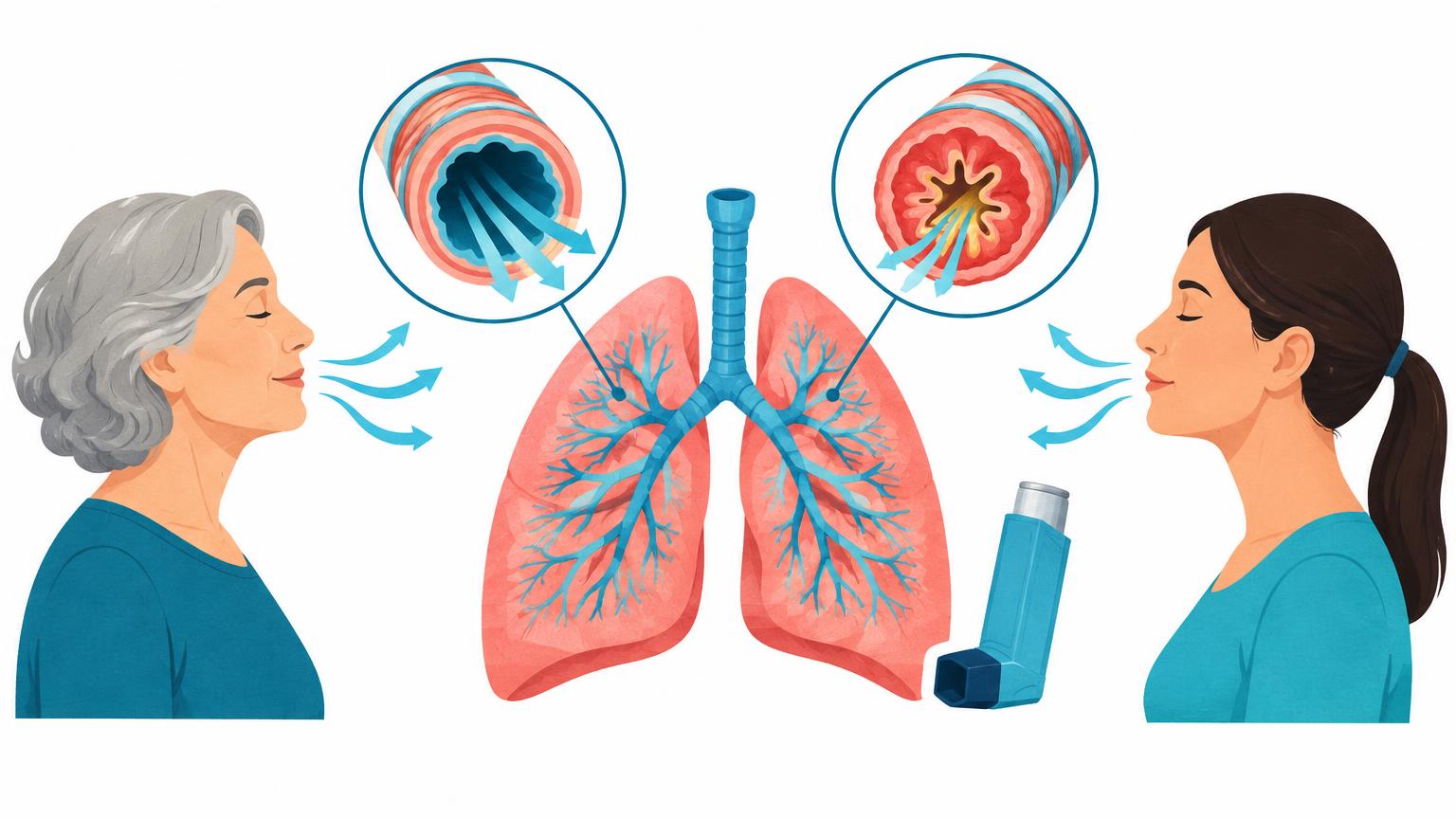 Lunge mit offenen und verengten Bronchien sowie Inhalator bei Asthma
