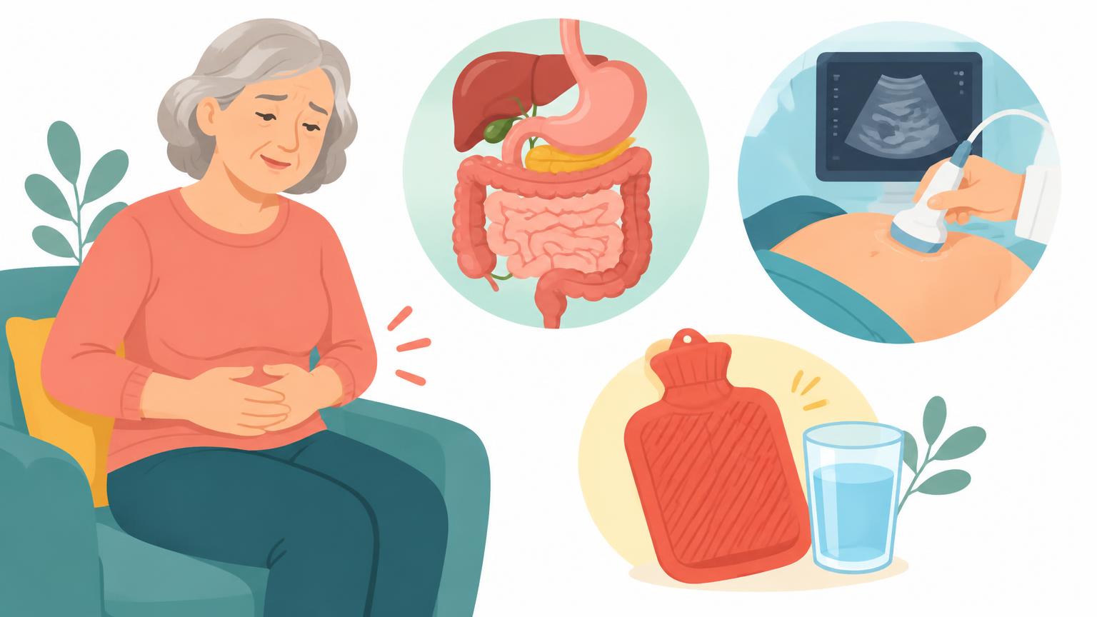 Eine ältere Frau hält sich den Bauch, während zwei kreisförmige Detailansichten die Bauchorgane und eine ärztliche Ultraschalluntersuchung zeigen.