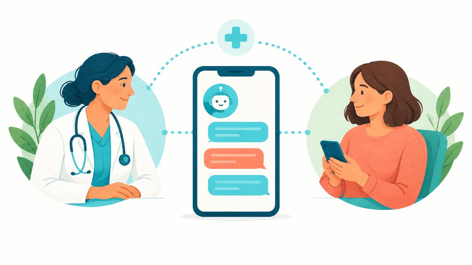 Illustration einer digitalen Unterhaltung zwischen Patientin und Arztpraxis