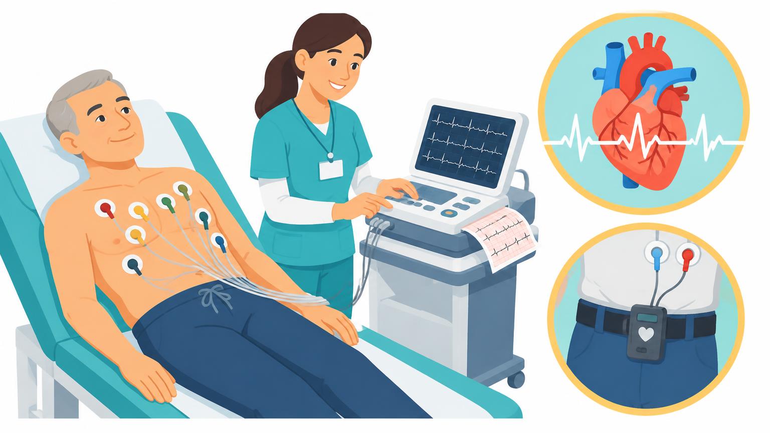 Eine Illustration zeigt eine ältere Patientin beim Ruhe-EKG sowie kreisförmige Detailansichten einer Klebeelektrode und eines tragbaren Langzeit-EKG-Geräts.