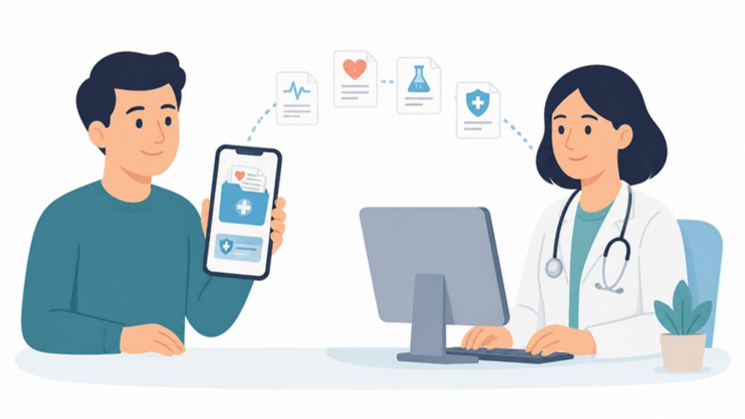 Patient mit Smartphone und elektronischer Patientenakte, Ärztin am Computer, Dokumente werden ausgetauscht
