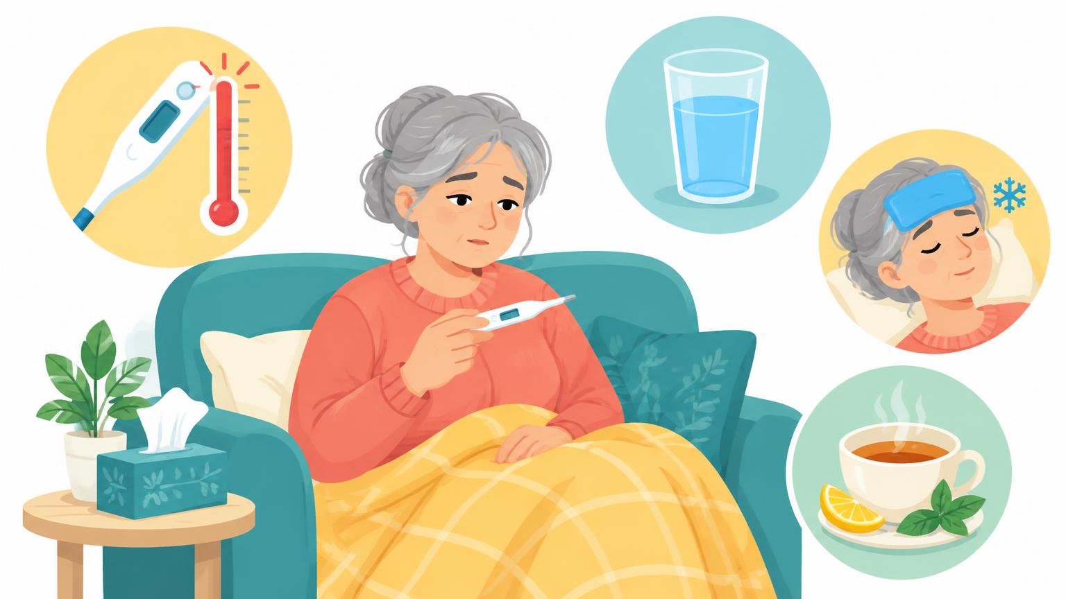 Eine ältere Frau misst auf dem Sofa ihre Temperatur, ergänzt durch kreisförmige Detailansichten eines Ohrthermometers und einer Hand mit einem Wasserglas.