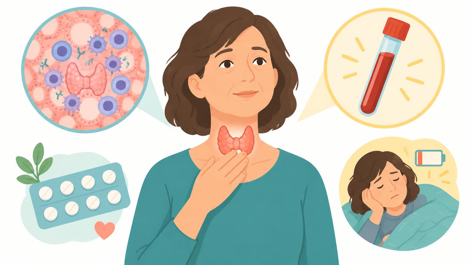 Eine Illustration zeigt eine Frau mit markierter Schilddrüse am Hals sowie kreisförmige Detailansichten von Schilddrüsengewebe und einer Blutprobe.