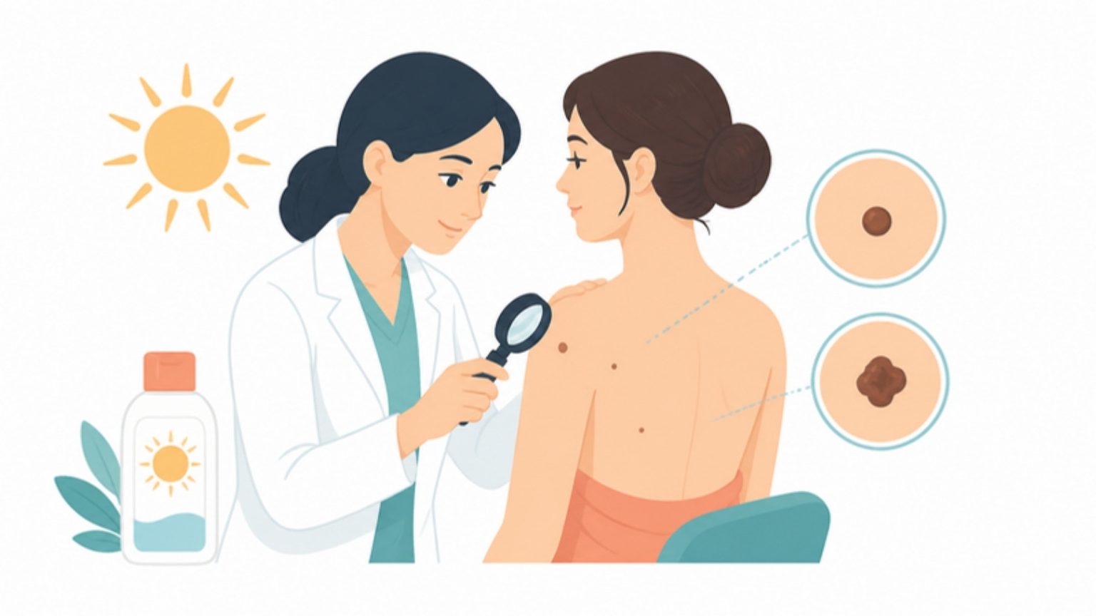 Ärztin untersucht die Haut einer Patientin mit dem Auflichtmikroskop, zwei Muttermale in Kreisen, Sonne und Sonnencreme
