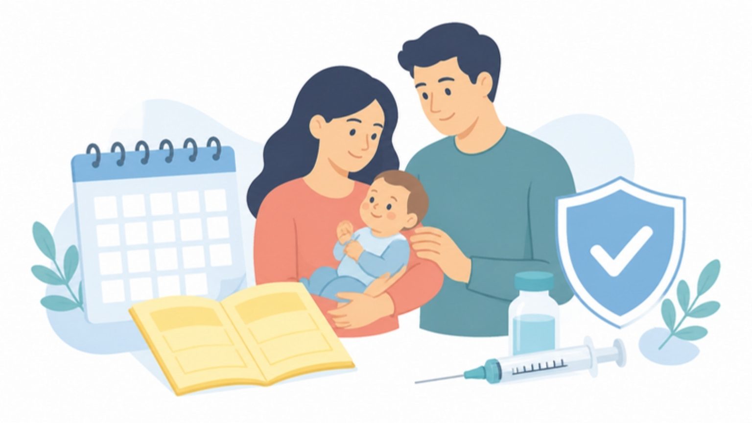 Aufgeschlagener Impfpass, Spritze und Ampulle, Kalender, Eltern mit Baby und Schutzschild