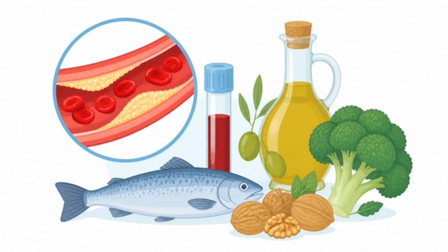 Blutgefäß mit Ablagerungen im Querschnitt, Blutröhrchen und gesunde Lebensmittel wie Olivenöl, Fisch und Brokkoli