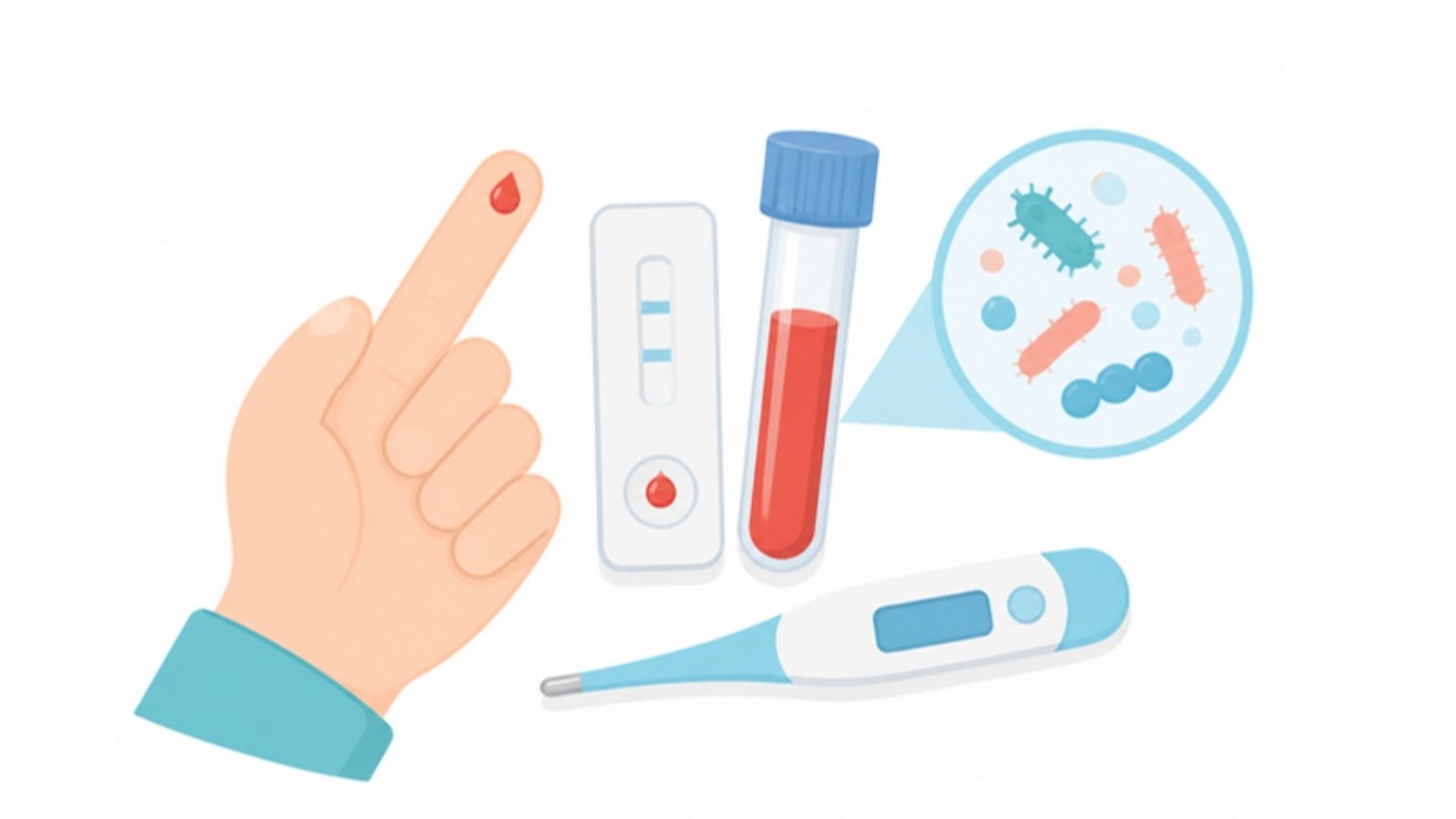 Fingerkuppe mit Blutstropfen neben Schnelltest, Blutröhrchen, Lupe mit Bakterien in einem Kreis, Thermometer