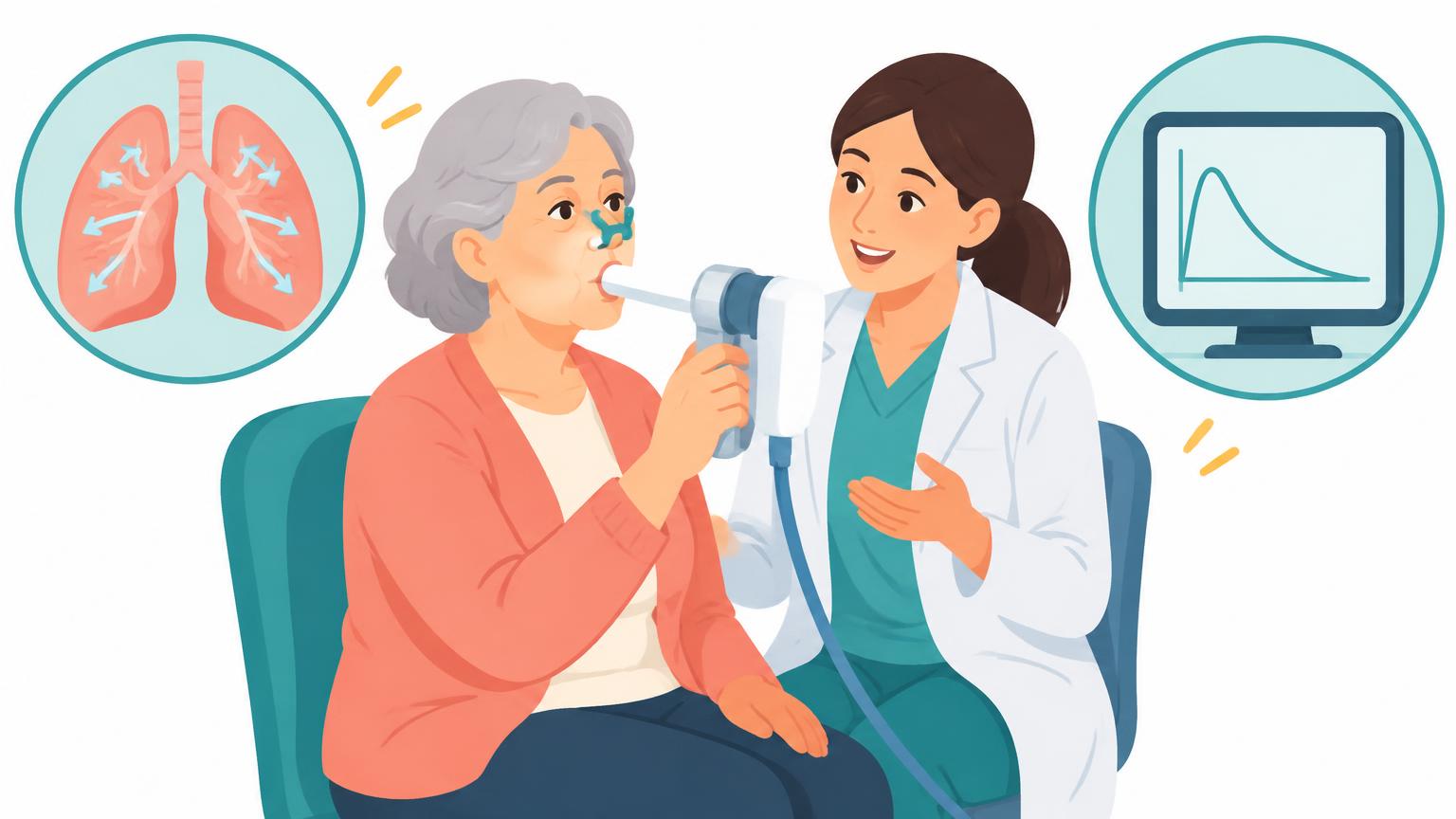 Eine ältere Patientin führt unter ärztlicher Anleitung eine Spirometrie durch, ergänzt durch runde Detailansichten des Mundstücks und der Atemwege.