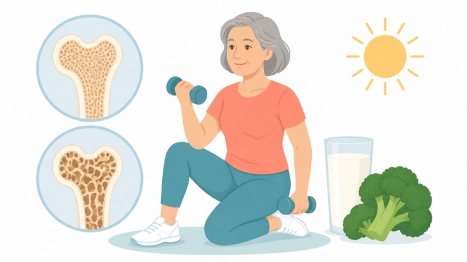 Zwei Kreise mit dichtem und porösem Knochen, ältere Frau beim Krafttraining mit Hanteln, Milch und Brokkoli