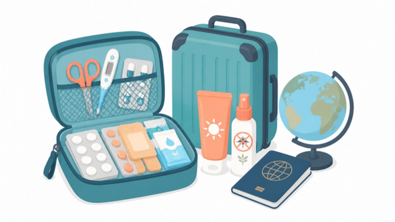 Geöffnete Reiseapotheke mit Tabletten, Pflastern, Thermometer und Sonnencreme neben Koffer und Globus