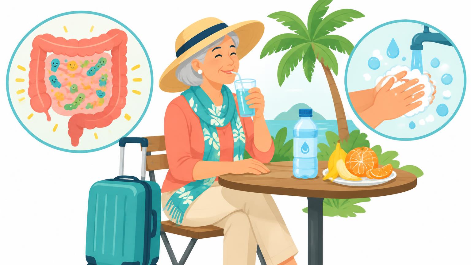 Eine Illustration zeigt eine ältere Reisende beim Trinken einer Elektrolytlösung sowie zwei Detailausschnitte mit Darmbakterien und gründlichem Händewaschen.