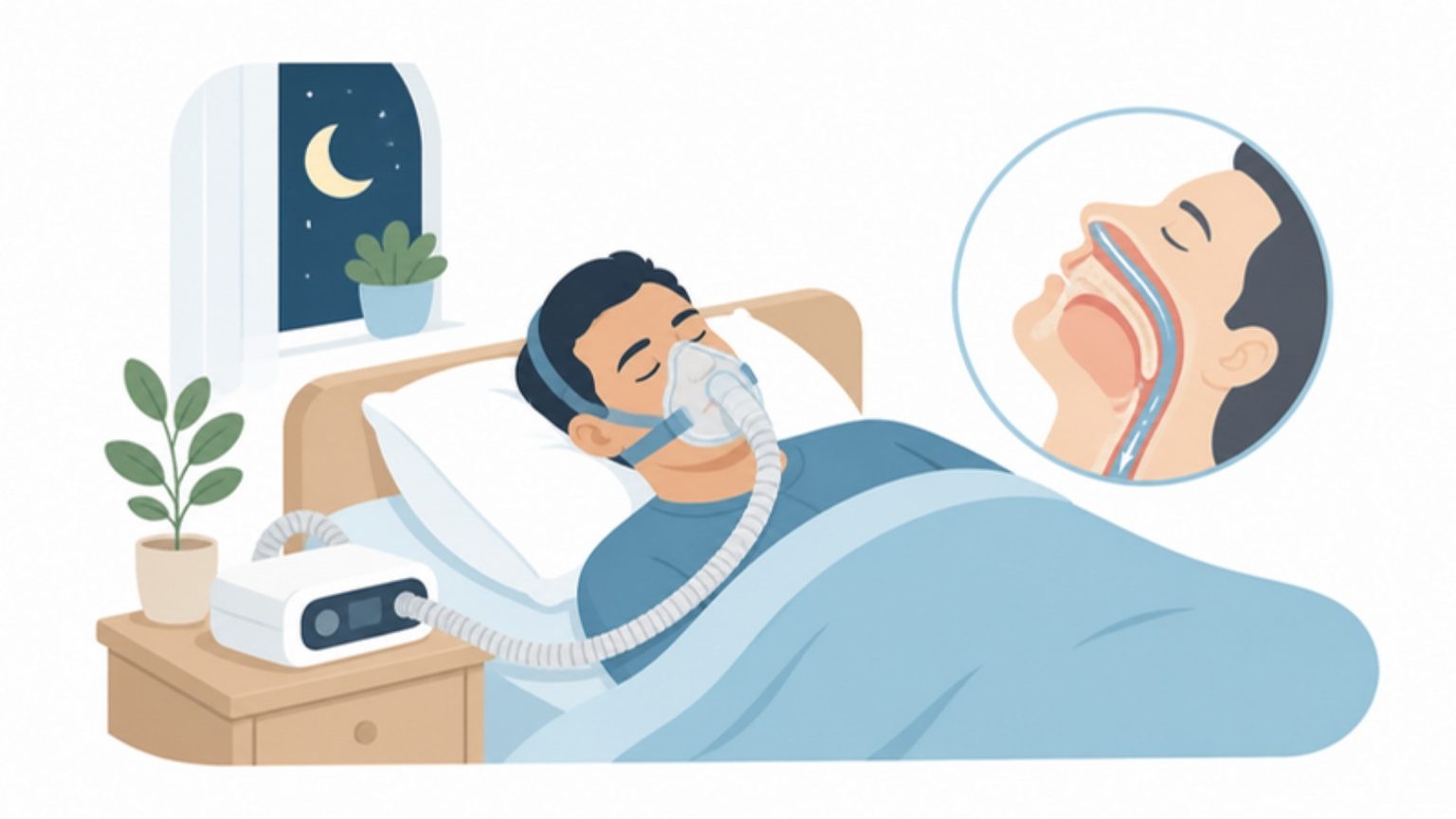 Mann schläft mit CPAP-Maske und Schlauch zum Nachttischgerät, Mond im Fenster, Atemweg im Querschnitt in einem Kreis