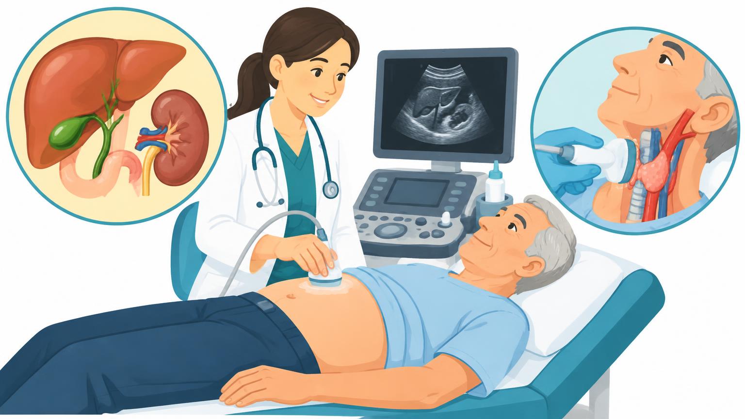 Eine Ärztin untersucht den Bauch einer älteren Patientin mit Ultraschall, ergänzt durch kreisförmige Detailansichten von Schilddrüse und Halsschlagadern.