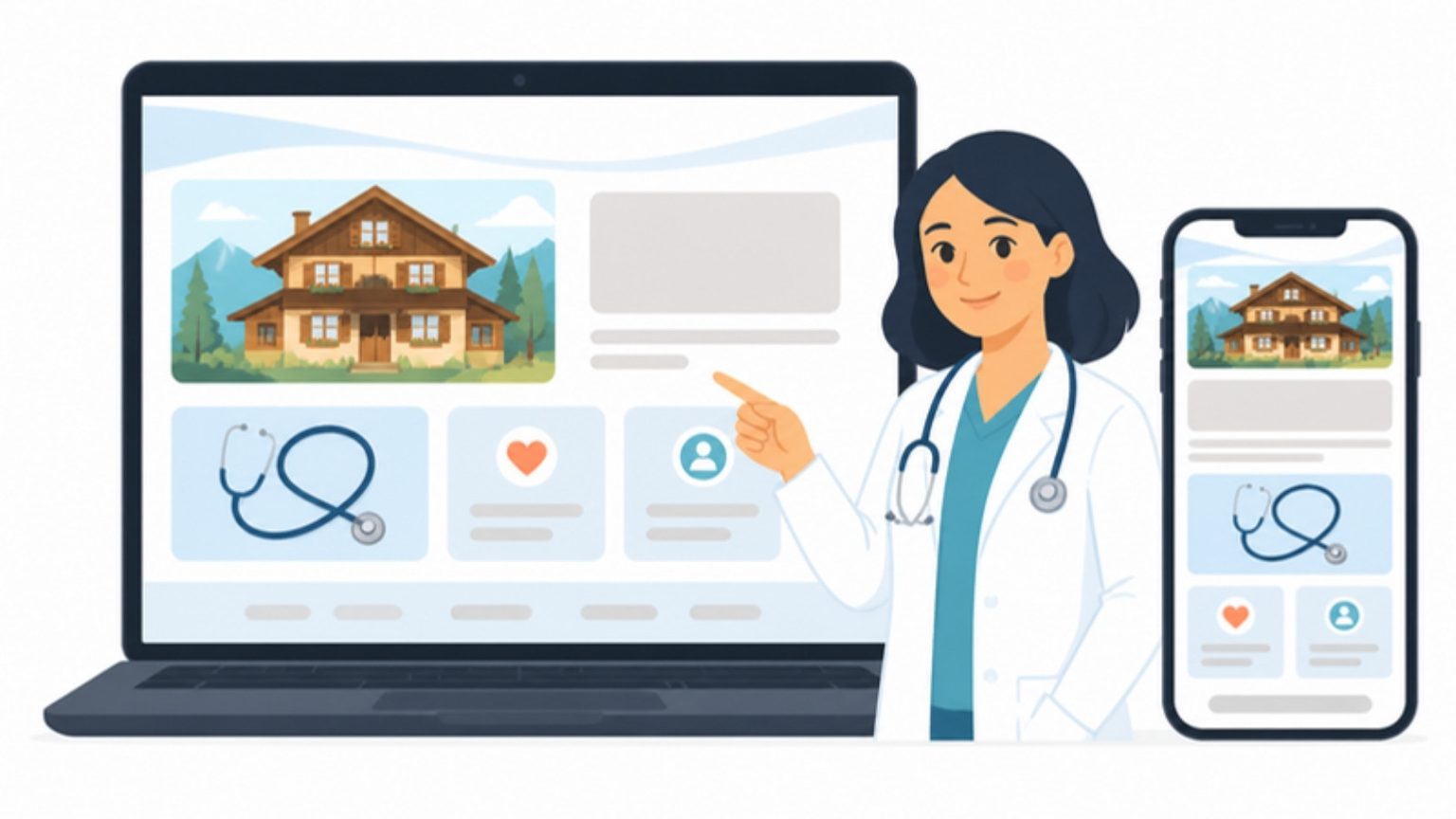Laptop und Smartphone mit der neuen Praxis-Website mit Chalet-Illustration, Ärztin zeigt auf den Bildschirm