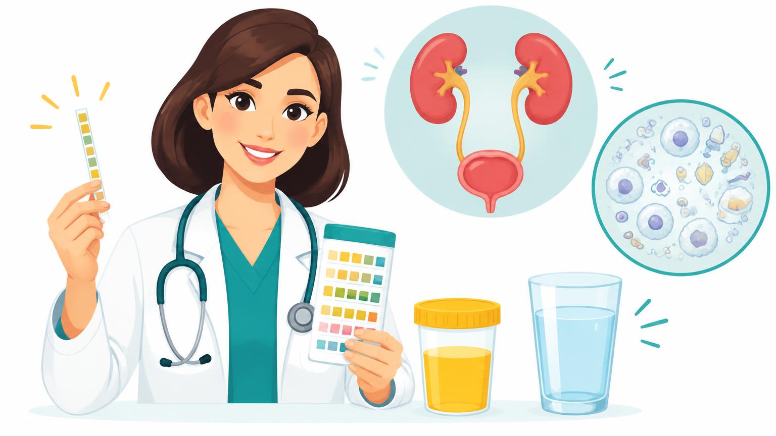 Eine Ärztin erklärt einer älteren Patientin einen Urintest, ergänzt durch Detailansichten von Teststreifen und Nierenfiltern.