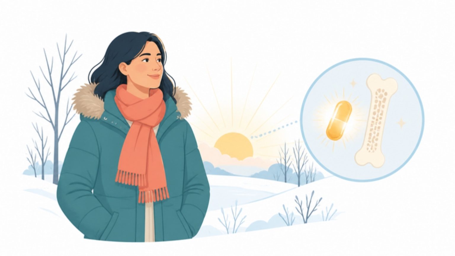 Frau im Wintermantel in der tiefstehenden Wintersonne, daneben Vitamin-D-Kapsel und Knochen in einem Kreis