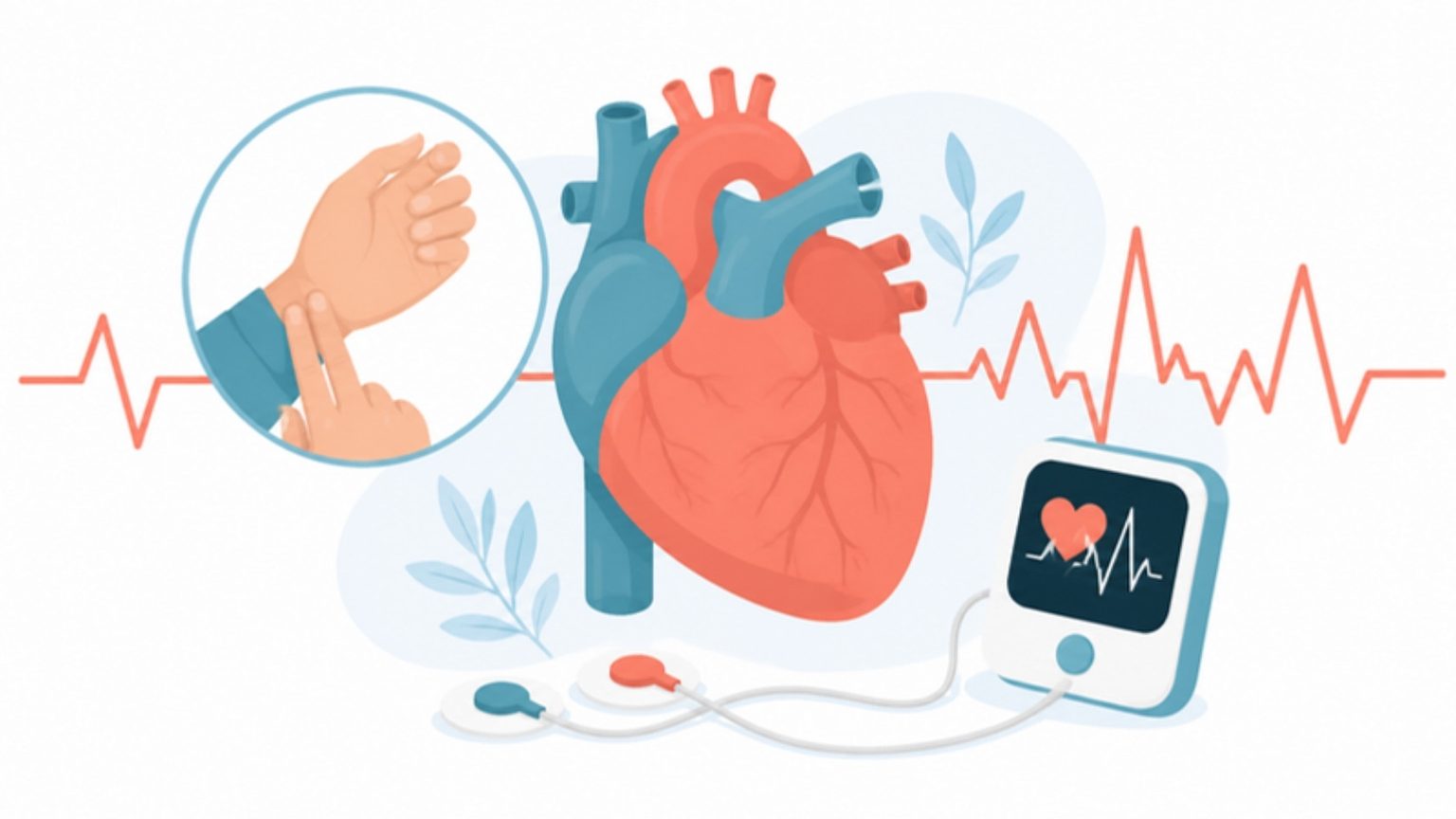 Herz mit unregelmäßiger Pulslinie, Handgelenk beim Pulsfühlen in einem Kreis, Langzeit-EKG-Gerät